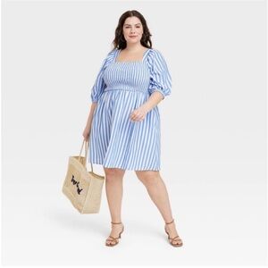 Ava & Viv Blue/White Striped Balloon Sleeve Smocked Mini Cotton Dress.